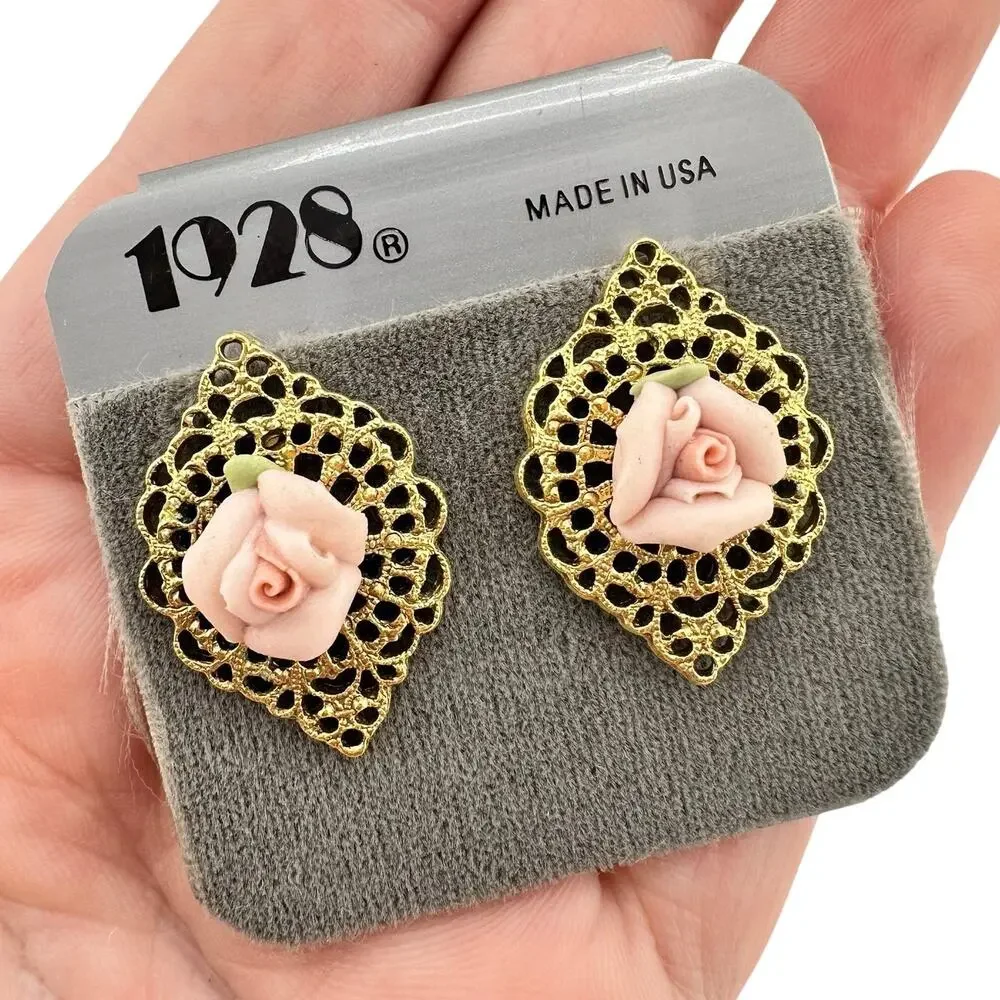 1928 NWT Vintage Style Pink Porcelain Rose Gold Tone Filigree 1
